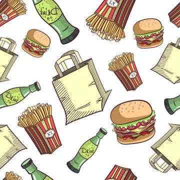Seamless Pattern Fast Food Set 스톡 일러스트
