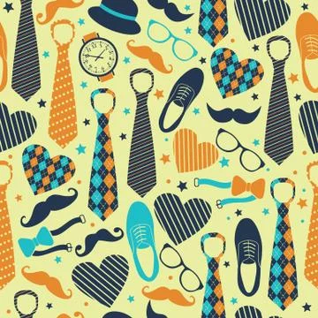 Seamless pattern of Fathers day. Flat set icons on yellow background. Stock Illustration