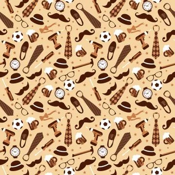 Seamless pattern of Fathers day. Flat set icons on beige background. Stock Illustration