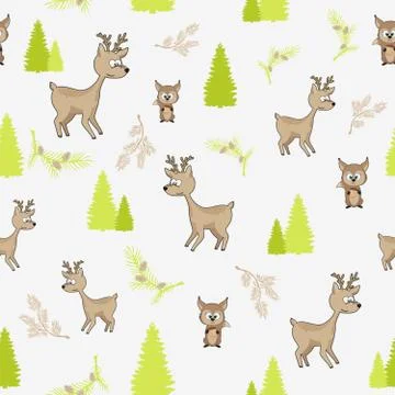 Seamless pattern with a fawn on a green forest background. Children's backgro Stock Illustration