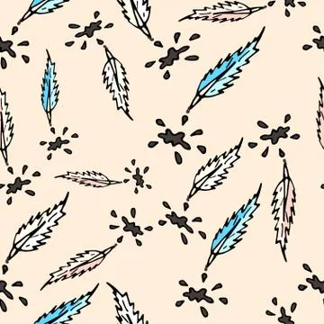 Seamless pattern with feather elements and ink blots of different colors. Stock Illustration