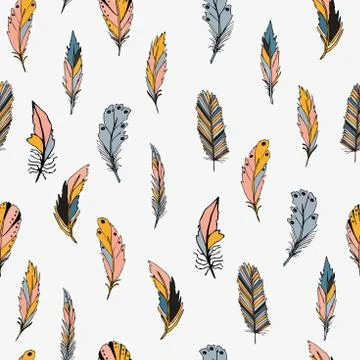 Seamless pattern with feather. Vector illustration on white background. Stock Illustration