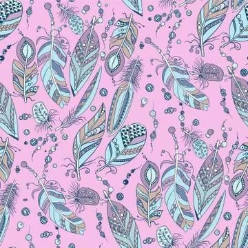 Seamless pattern with feathers and beads in vector graphic illustration in na Stock Illustration