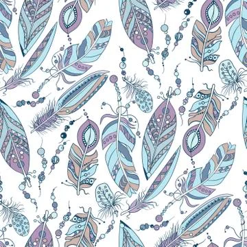 Seamless pattern with feathers and beads in vector graphic illustration in na 스톡 일러스트