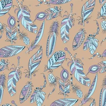 Seamless pattern with feathers and beads in vector graphic illustration Stock Illustration