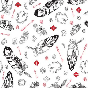 Seamless pattern with feathers and  beads on white background. Stock Illustration