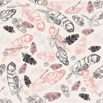 Seamless pattern with feathers and  beads on white background. Illustrazione stock