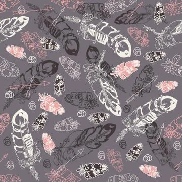 Seamless pattern with feathers and  beads on grey background. Illustrazione stock