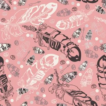Seamless pattern with feathers and  beads on rose background. Stock Illustration