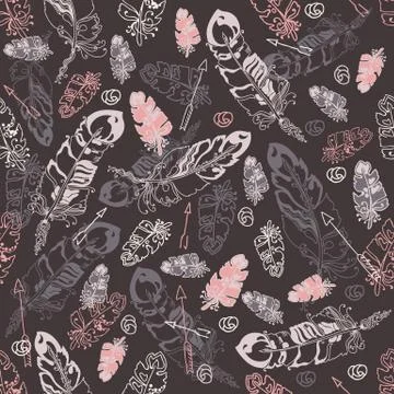Seamless pattern with feathers and  beads on grey background. Stock Illustration