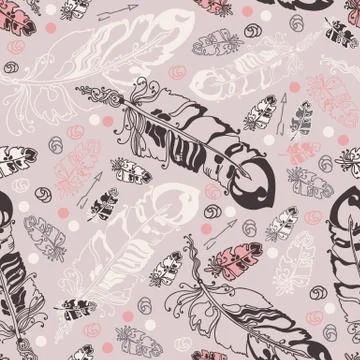 Seamless pattern with feathers and  beads on white background. Stock Illustration