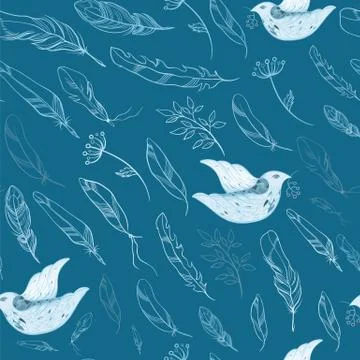 Seamless pattern with feathers and birds 库存插图