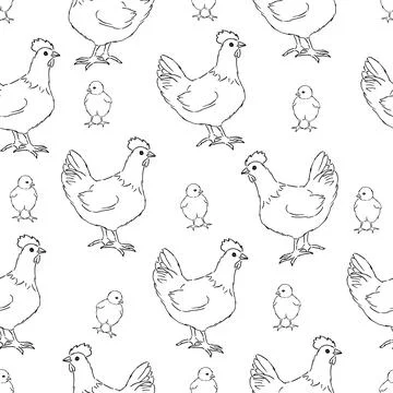 Seamless pattern with feathers and chickens with chick, outline contour Illustrazione stock
