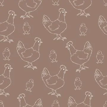 Seamless pattern with feathers and chickens with chick, outline contour Illustrazione stock