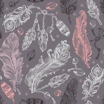 Seamless pattern of feathers, beads and tassels. Vintage vector illustration. Stock Illustration