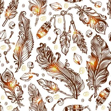 Seamless pattern of feathers, beads and tassels. Vintage vector illustration. Stock Illustration