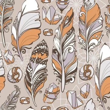 Seamless pattern of feathers, beads, crystals. Vintage vector illustration. 스톡 일러스트