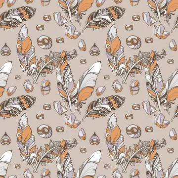 Seamless pattern of feathers, beads, crystals. Vintage vector illustration. Illustrazione stock