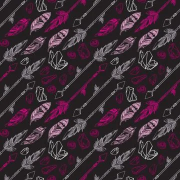 Seamless pattern of feathers, beads, crystals. Vintage vector illustration. Stock Illustration