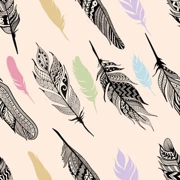 Seamless pattern feathers, beige background Stock Illustration