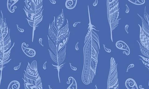Seamless pattern feathers, blue background Stock Illustration