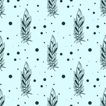 Seamless pattern feathers on blue background Illustrazione stock