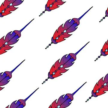 Seamless pattern with feathers. Feathers are unusual, red with beautiful lines Stock Illustration