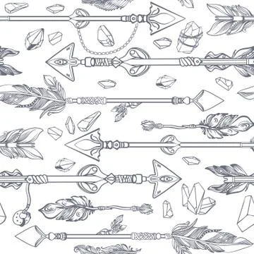 Seamless pattern of feathers, flowers, crystals. Vintage vector illustration. Illustrazione stock