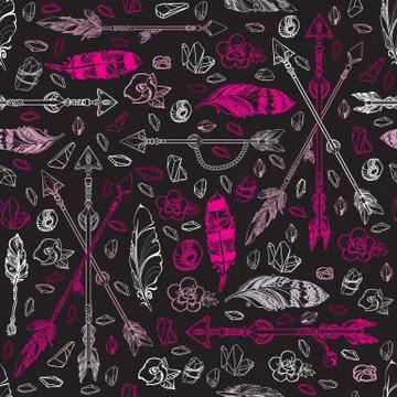 Seamless pattern of feathers, flowers, crystals. Vintage vector illustration. Illustrazione stock
