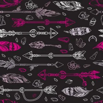 Seamless pattern of feathers, flowers, crystals. Vintage vector illustration. Stock Illustration