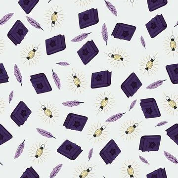 Seamless pattern with feathers, lanterns and spell books on a light background. Stock Illustration