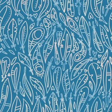 Seamless pattern with feathers in linear doodle style with hand drawn texture Stock Illustration