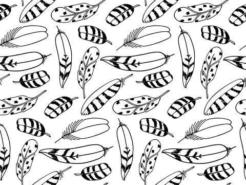 Seamless pattern with Feathers. Linear monochrome backdrop. Hand drawn black and Stock Illustration