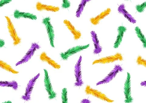 Seamless pattern with feathers in Mardi Gras colors. Stock Illustration