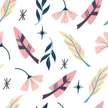 Seamless pattern with feathers. Wallpaper in boho style. Indian aztec geometr Stock Illustration