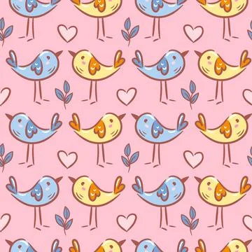 This seamless pattern features adorable birds, hearts, and branches rendered Stock Illustration