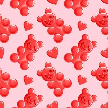 Seamless pattern features charming red gummy bears shaped like hearts, perfec Ilustración de archivo