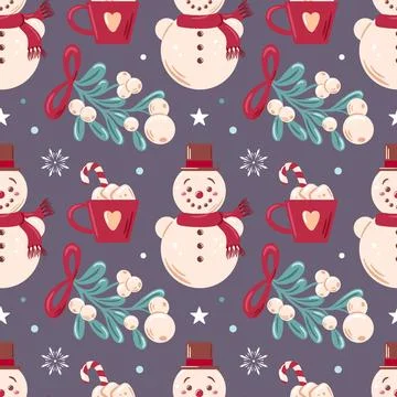 Seamless pattern features cheerful snowmen, mistletoe, hot chocolate mugs, and Stock Illustration