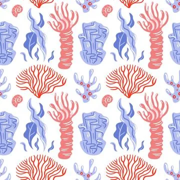 Seamless pattern features corals, lush seaweed and delicate sea anemones to.. Illustrazione stock