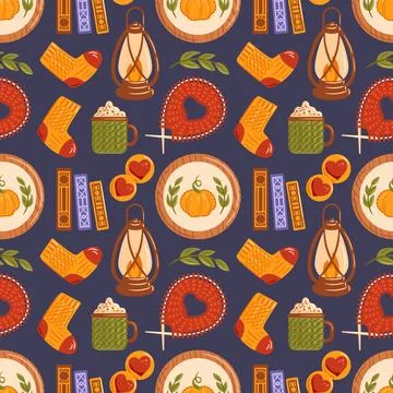 This seamless pattern features cozy decor elements like knitting, socks Stock Illustration