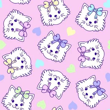 Seamless pattern features cute, hand drawn white cat faces with colorful bo.. Stock Illustration
