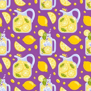 Seamless pattern features delightful lemonade, showcasing juicy lemon slices and Stock Illustration