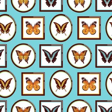 Seamless pattern features an entomological collection of beautifully butter.. Stock Illustration