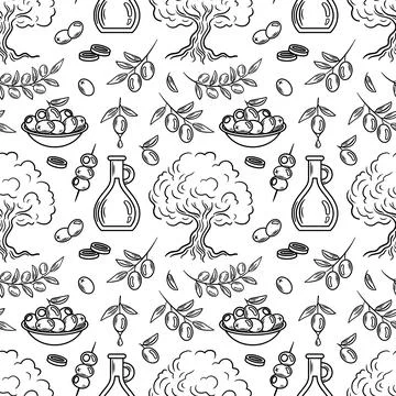 Seamless pattern features olive trees, bottles of oil, and olives in a dish Stock Illustration