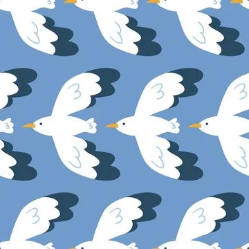 This seamless pattern features playful flying seagulls, gracefully soaring Stock Illustration