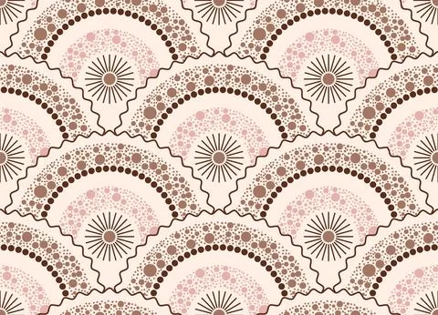 Seamless pattern  features radiant sunburst motifs surrounded by layered do.. Stock Illustration