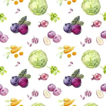 The seamless pattern features a variety of vegetables such as cabbages, carrots 스톡 일러스트