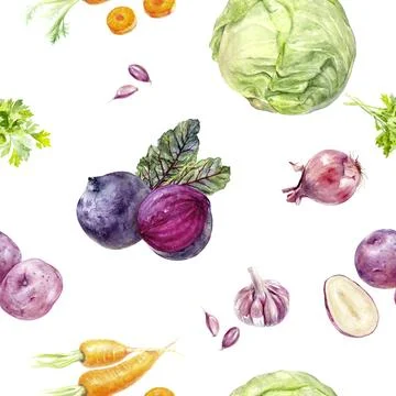 The seamless pattern features a variety of vegetables such as cabbages, carrots Stock Illustration