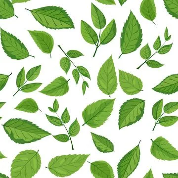 Seamless pattern features various shades and shapes of green leaves against a Stock Illustration