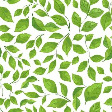Seamless pattern features various shades and shapes of green leaves against a Stock Illustration